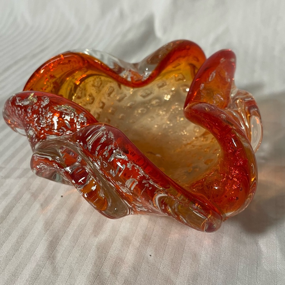 Adventurine Glass Bowl/ashtray in Vibrant Red and Orange and silver flakes